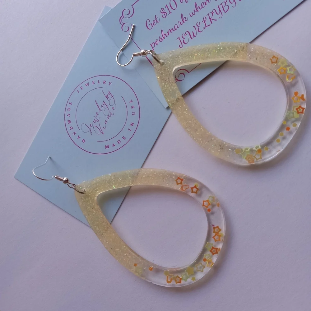 Hand Crafted Glittering Teardrop Earrings - Gold and Orange - Picture 3 of 7